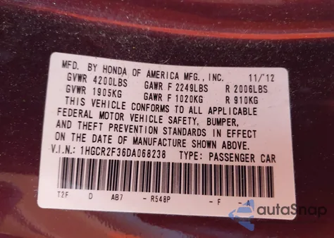 2013 Honda Accord Lx из США, поврежденный, VIN 1HGCR2F36DA068238